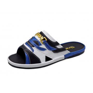 Men Sandals SKF-38 Black&Blue Nappa-White Pebble grain Microfiber Leather